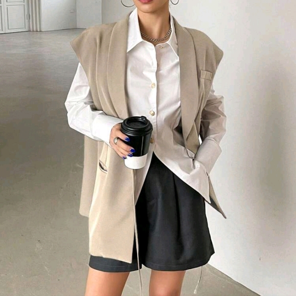 Ladies' Solid Color Casual Blazer With Barleycorn Collar And Tie Belt - Picture 2 of 4